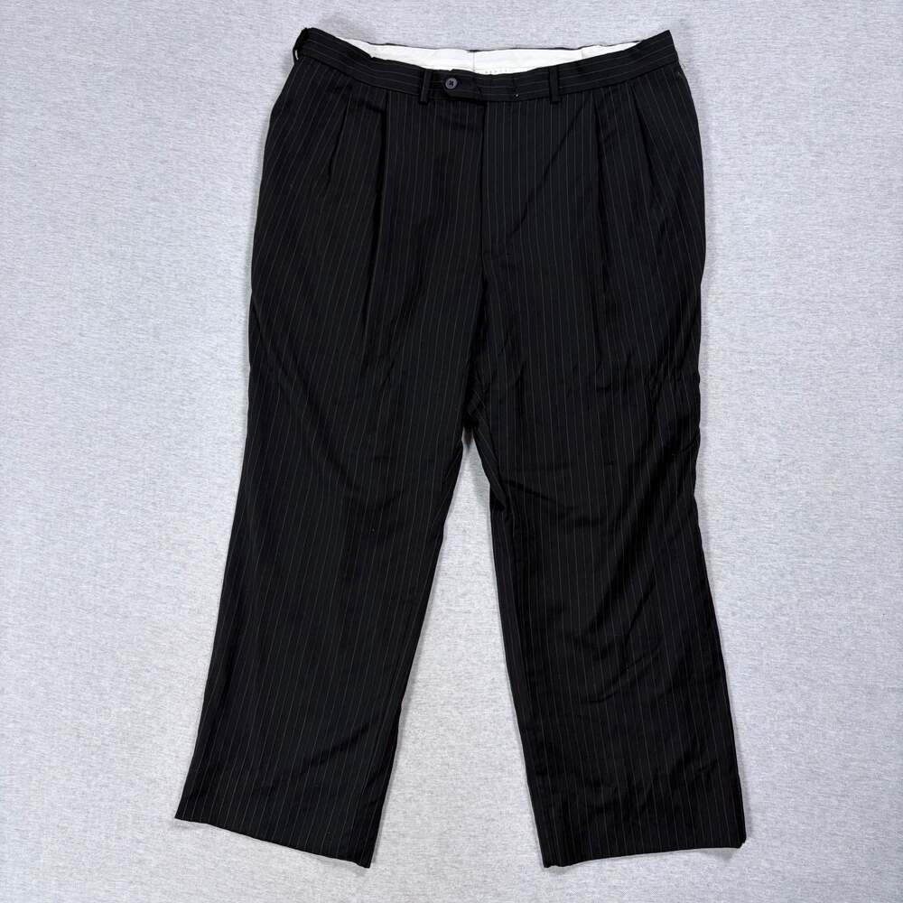 Oscar De La Renta Men's Black Pinstripe Wool Pleated Dress Trousers